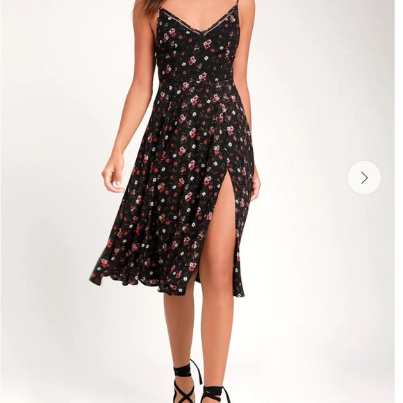 Lulus Esperanza Black And Pink Floral Print Midi Dress - Picture 1 of 3